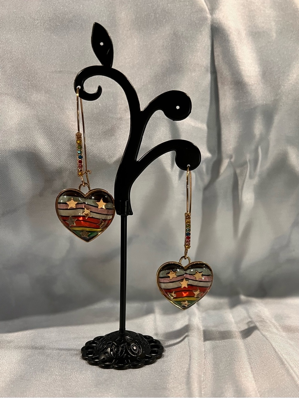 Betsy Johnson Heart Earrings with Multicolor Stripes and Stars and Embellishment